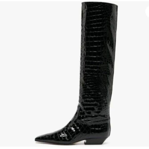 MISS LEFT Closed Square Toe Knee High Boot Wide Calf Low Chunky Shoes - Picture 1 of 6